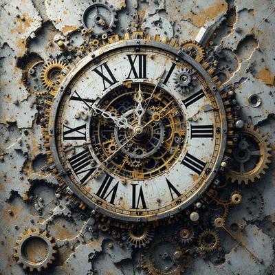 The primary subject of the image is a large, intricate clock with Roman numerals. The clock is set against a backdrop of a rusty, aged surface, giving it a vintage and antique appearance. The visual style of the image is a combination of photo and digital art, creating a unique and artistic representation of the clock. The colors and mood of the image are predominantly dark and moody, with the rusty surface adding a sense of decay and history to the scene.